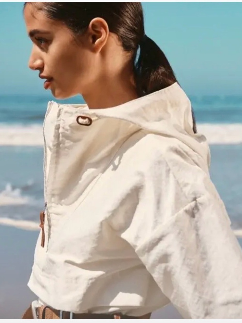 Tory Burch T Monogram Anorak Cream Hooded Half-Zip Swim Coverup